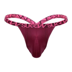 A burgundy thong with a wide pink elastic waistband featuring bold black "SUREW" text in a repeating pattern. The thong is laid flat against a white background.