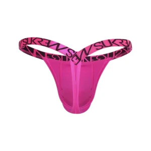 A pink thong with a bold elastic waistband featuring the black text “SUREW” repeated around the band; the thong is displayed on a plain white background.