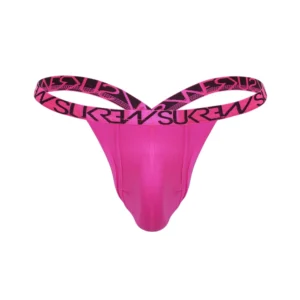 Bright pink thong with a wide elastic waistband featuring the black word "SUREW" repeatedly printed in bold letters. The thong is displayed against a white background.