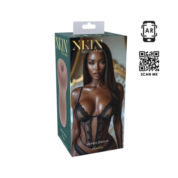 Product packaging for "Nkin Secret Affairs Mistress Eternal" shows a woman in black lingerie on the box. The packaging includes a photo of the product, a QR code, and branding details.