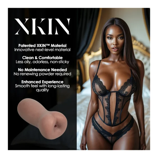 A promotional image for XKIN features a silicone product and a model in black lingerie. Text highlights benefits: patented material, comfort, no maintenance, and enhanced experience, alongside the brand name and product image.