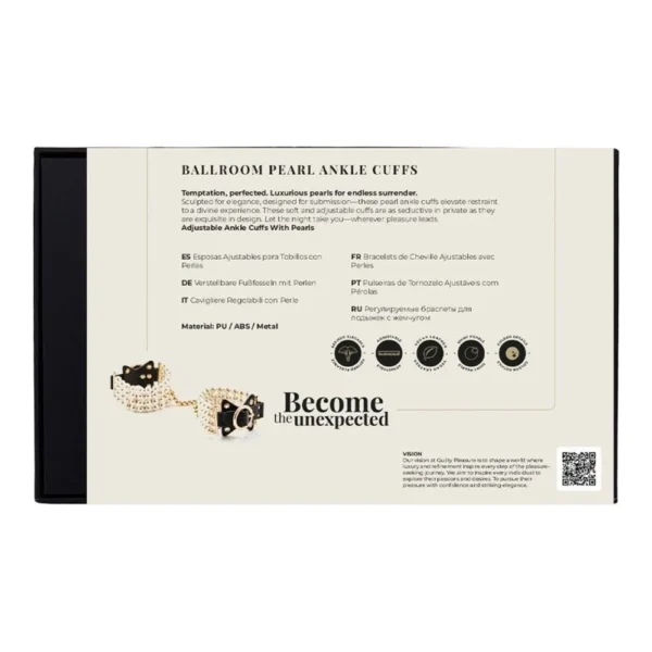 Back of a product box labelled "BALLROOM PEARL ANKLE CUFFS," showing a photo of pearl-decorated cuffs, details in multiple languages, material info, and icons. "Become the unexpected" is printed at the bottom.