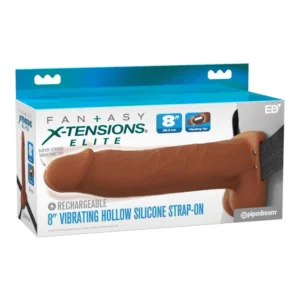 A boxed 8-inch rechargeable vibrating hollow silicone strap-on from the Fantasy X-Tensions Elite line, showing the product and brand details on the packaging.