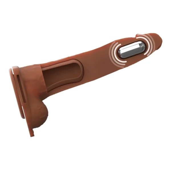 A brown prosthetic penis with a visible internal compartment containing a black electronic device, emitting illustrated signal waves.