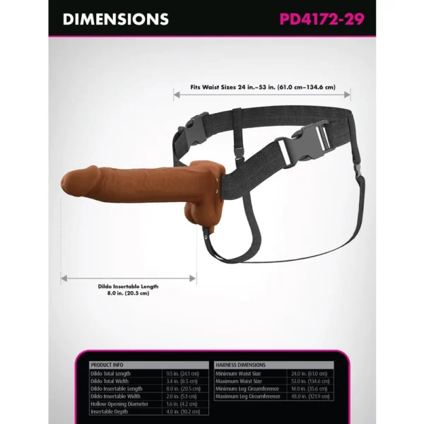 A brown strap-on harness with a realistic dildo attached; size chart lists product dimensions, including 8-inch insertable length and adjustable harness fitting waist sizes 24–53 inches.