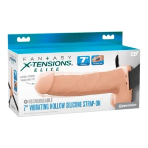 A retail box for a 7-inch rechargeable vibrating hollow silicone strap-on by Fantasy X-Tensions Elite, featuring product images and branding.