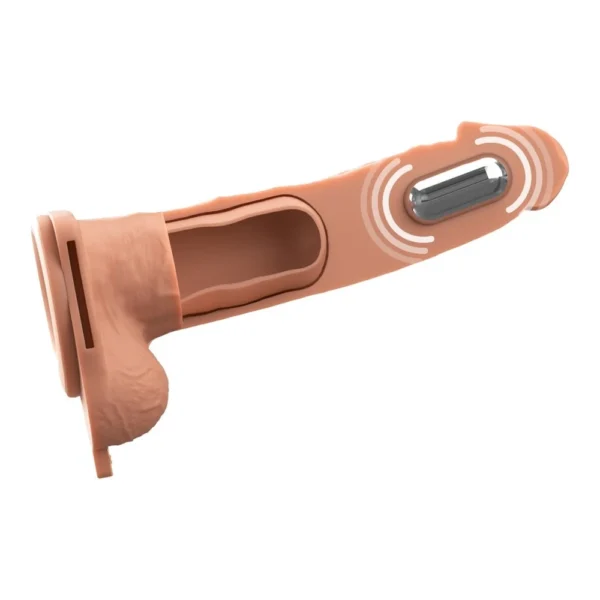 A cutaway model of a realistic, flesh-coloured dildo with a visible vibrating mechanism inside and signal lines indicating vibration.