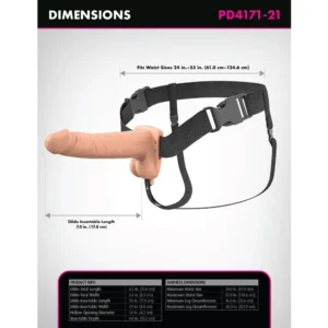 A flesh-toned strap-on dildo harness with size dimensions and product specifications displayed, including waist sizes and insertable length.