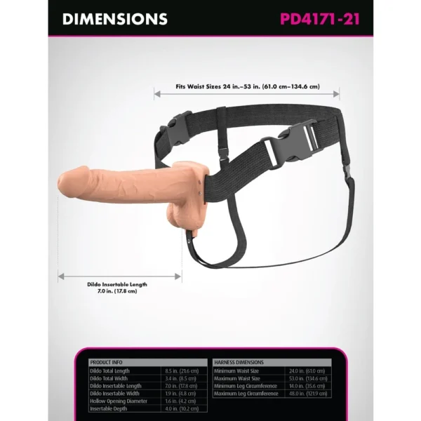A flesh-toned strap-on dildo harness with size dimensions and product specifications displayed, including waist sizes and insertable length.