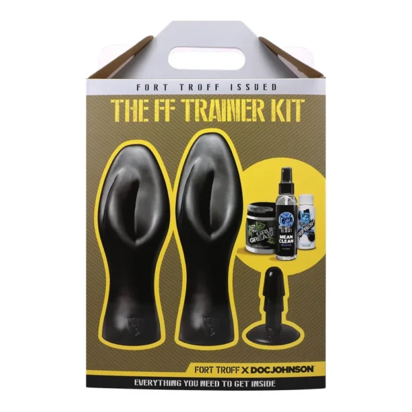 Box with two large black objects resembling plugs, a smaller plug on a stand, and bottles of cleaning and grip solutions. Text: "The FF Trainer Kit – Everything You Need to Get Inside.