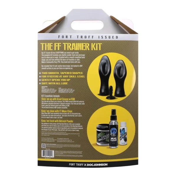 Back of a product box labelled "The FF Trainer Kit," showing two black silicone plugs, lubricant, and cleaner, alongside descriptive text and usage instructions on a yellow and black background.