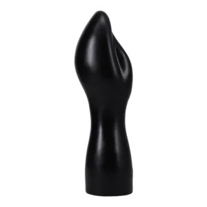 A smooth, black abstract sculpture with a tall, curving form that resembles an elongated hand or organic shape, set against a plain white background.