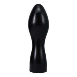 A smooth, black, hourglass-shaped object standing upright against a plain white background.