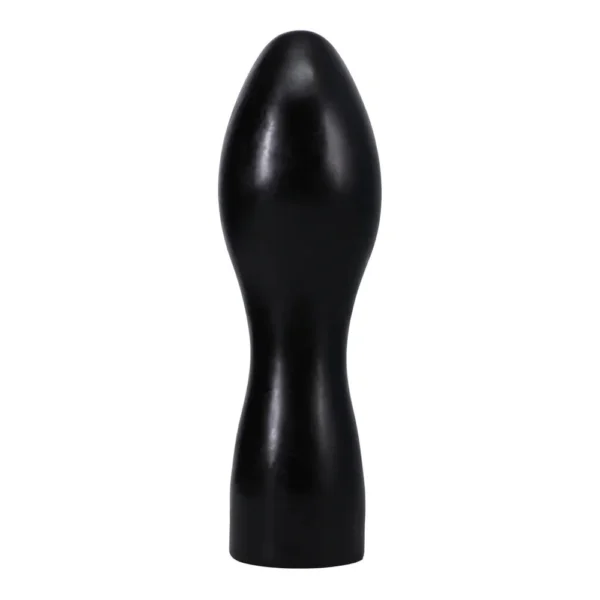 A smooth, black, hourglass-shaped object standing upright against a plain white background.