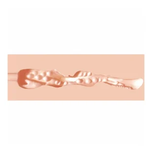 A close-up image of a light pink, textured object with irregular bumps and grooves, set against a solid pale pink background.
