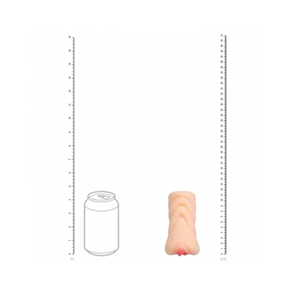 Illustration showing a soft drink can and a flesh-coloured, silicone toy side by side for size comparison, with vertical rulers in inches on the left and centimetres on the right.