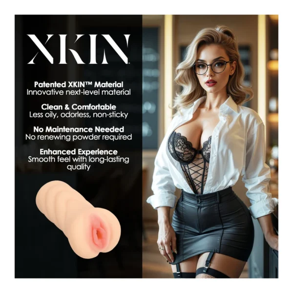 A woman in lingerie and a white shirt poses beside a product image of a flesh-coloured adult toy. Text highlights features: patented material, comfort, no maintenance, and enhanced experience. Branding "XKIN" appears at the top left.
