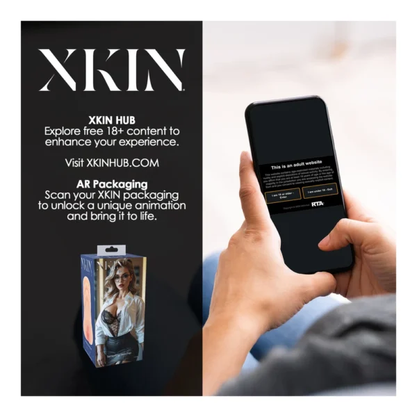 A person holding a mobile displaying an age verification screen, next to a product box featuring a woman and the text “XKIN.” Instructions encourage visiting XKINHUB.COM and scanning packaging for AR content.