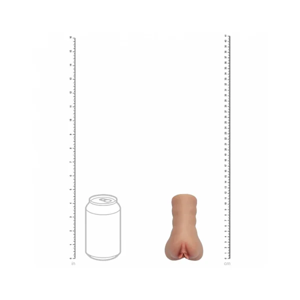 A scale comparison shows a soft drink can outline next to a realistic, flesh-toned silicone object shaped like testicles. Both items are positioned at the bottom centre, with inch and centimetre rulers on each side.