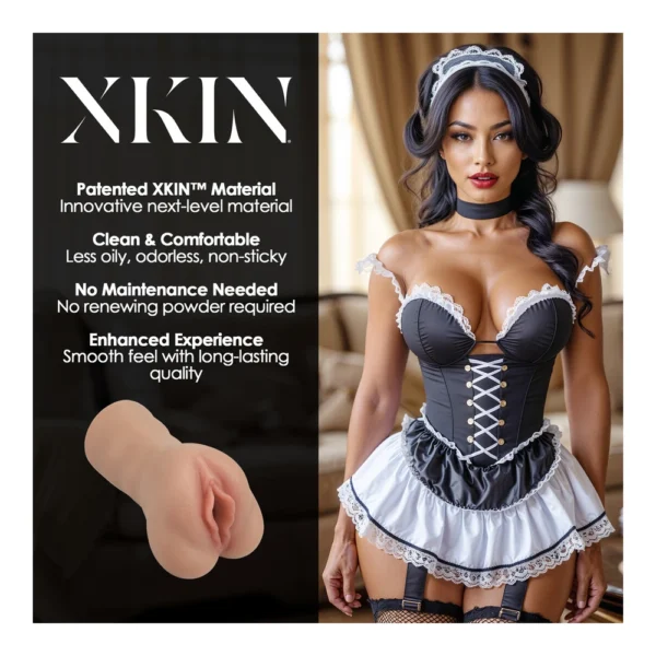 A person in a maid costume stands beside a display with text promoting a product shaped like a realistic adult toy, highlighting patented material, comfort, no maintenance, and enhanced experience.