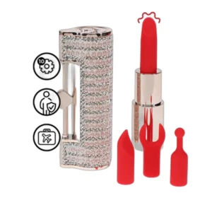 A rhinestone-covered lipstick-style device with three interchangeable red silicone tips and a metallic base, shown with icons representing settings, user, and travel.