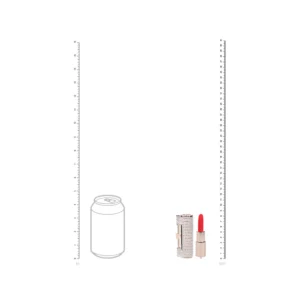 A lipstick and its cap are displayed next to a drawing of a fizzy drink can for size comparison, with vertical rulers marked in inches and centimetres on each side.