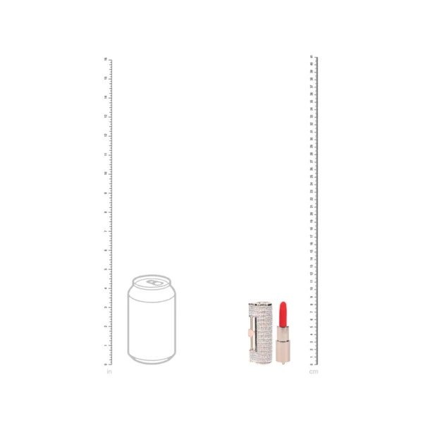 A lipstick and its cap are displayed next to a drawing of a fizzy drink can for size comparison, with vertical rulers marked in inches and centimetres on each side.