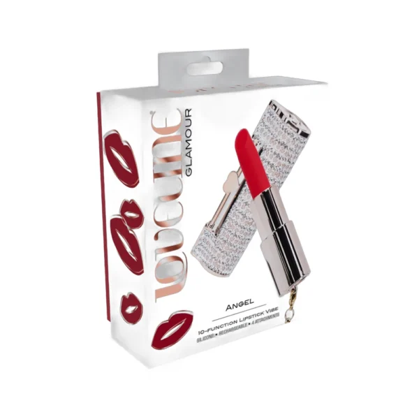 A product box with red lips graphics and the text "LOVEGUME GLAMOUR." The packaging shows a sparkly silver lipstick-shaped item labelled "ANGEL 10-Function Lipstick Vibe" in the lower section.