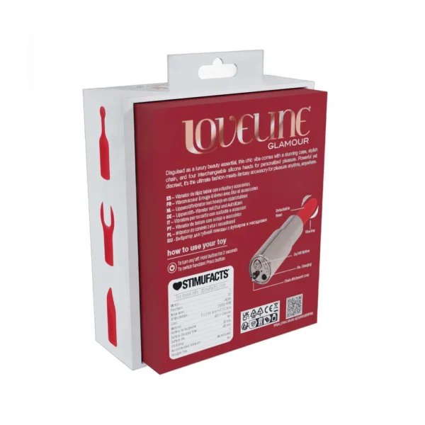 Back view of a red and white Loveline Glamour product box displaying usage instructions, product information, and diagrams of the toy, with a white hanging tab at the top.