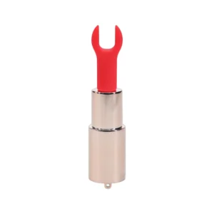 A silver cylindrical tool with a metallic base and a red, fork-shaped plastic tip, resembling a lipstick tube but with an open-ended spanner at the top.