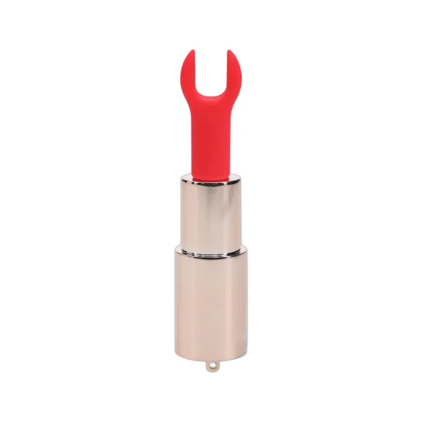 A silver cylindrical tool with a metallic base and a red, fork-shaped plastic tip, resembling a lipstick tube but with an open-ended spanner at the top.