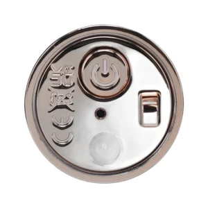 A close-up view of a metallic, circular device bottom showing a power button, a sliding switch, a small black dot, symbols including CE and crossed-out bin, and a translucent round area.