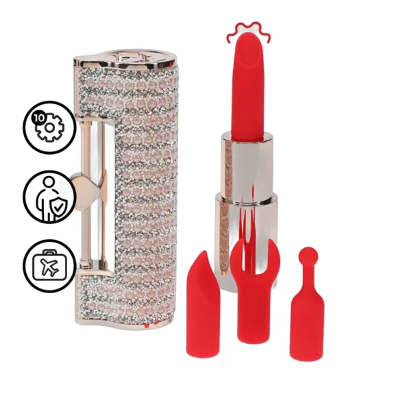 loveline-angel-lipstick-vibrator-main A sparkly, rhinestone-covered case next to a metallic red device resembling lipstick, with three interchangeable red silicone tips and icons indicating 10 speeds, safety features, and travel-friendliness.