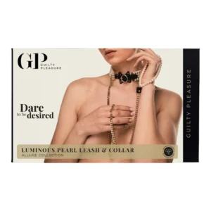 A product box featuring a topless person wearing a pearl necklace and a black collar with a chain lead, with the text "GP Guilty Pleasure Dare to be desired Luminous Pearl Lead & Collar Allure Collection.