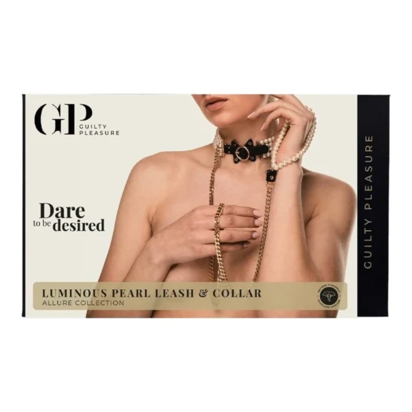 A product box featuring a topless person wearing a pearl necklace and a black collar with a chain lead, with the text "GP Guilty Pleasure Dare to be desired Luminous Pearl Lead & Collar Allure Collection.