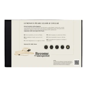 Back of a product box for a luminous pearl lead and collar set. The box describes features in multiple languages, shows material info, icons for features, and an image of the pearl-accented lead and collar.