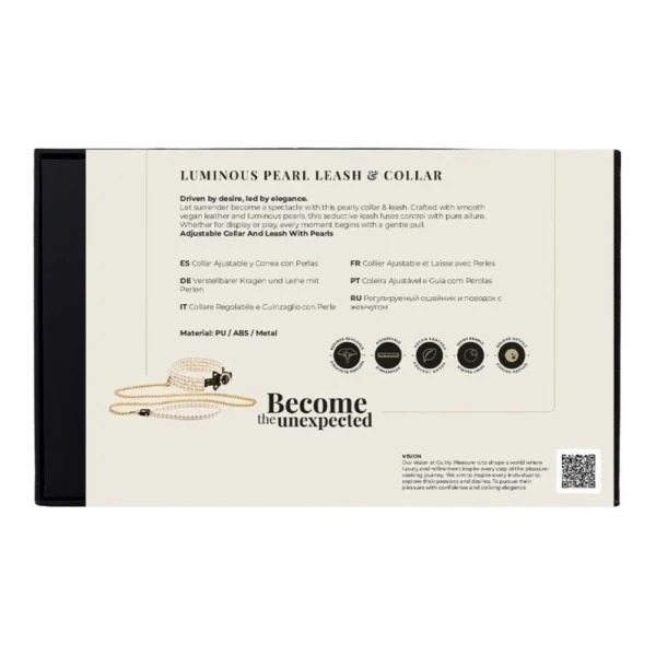 Back of a product box for a luminous pearl lead and collar set. The box describes features in multiple languages, shows material info, icons for features, and an image of the pearl-accented lead and collar.