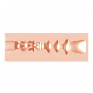 A cross-sectional view of a soft, flesh-coloured tunnel with various ridges, bumps, and chambers along its length, resembling an internal texture pattern.