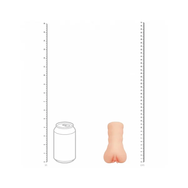 A beige, cylindrical object shaped like a torso and lower body stands next to an illustrated fizzy drink can, with vertical rulers showing inches on the left and centimetres on the right for size comparison.