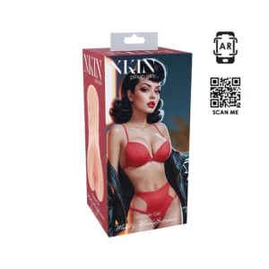 A product box featuring an illustration of a woman in red lingerie and a leather jacket, styled like a pin-up model. The box is labelled "SKIN pin-up girls" and displays a realistic adult toy alongside a QR code.