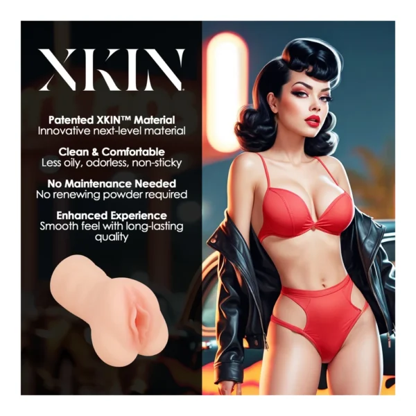 A woman in red lingerie poses confidently next to a product image and text highlighting features of patented XKIN material: clean, comfortable, no maintenance needed, and long-lasting smooth feel.