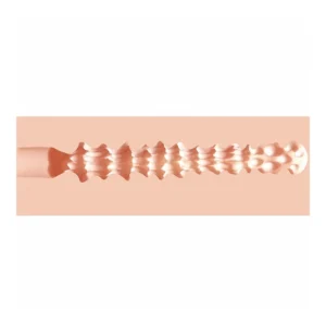 A close-up of a textured, flesh-coloured rod with raised bumps and ridges along its length, set against a light peach background.