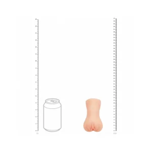 A photo shows a small, realistic silicone model of the lower torso and genitals next to a fizzy drink can illustration for size comparison, with rulers marked in inches and centimetres on both sides.
