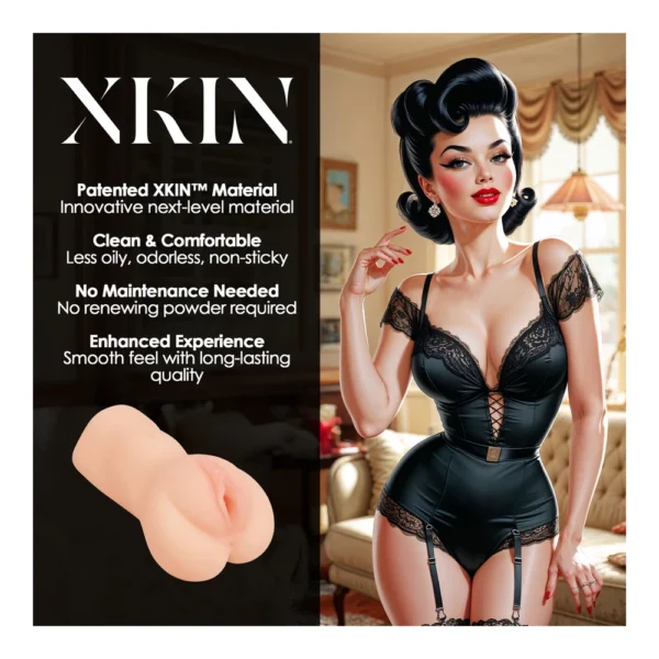 A retro-styled woman with dark hair and red lipstick poses in black lingerie beside product features for "XKIN" and an image of a flesh-coloured adult toy. The background shows a vintage living room setting.