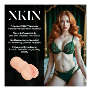 A woman with long red hair wears green lingerie and poses on a bed. Text next to her promotes "XKIN," highlighting its patented material, comfort, no maintenance, and quality. An image of a flesh-toned product appears below the text.