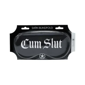 A black satin blindfold in packaging, with the words "Cum Slut" printed in bold white Gothic font across the front. The packaging also reads "SATIN BLINDFOLD" at the top.