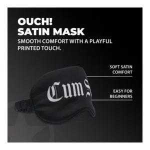 Black satin eye mask with white gothic text, described as "Ouch! Satin Mask." The image highlights its soft satin comfort and suitability for beginners, against a dark background.