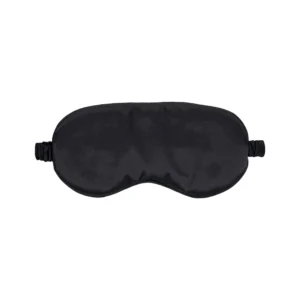 A black satin sleep mask with an elastic strap, displayed on a white background.