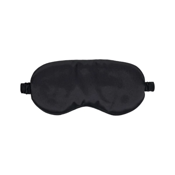 A black satin sleep mask with an elastic strap, displayed on a white background.