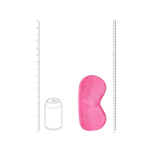 A pink sleep mask is shown next to a drawing of a fizzy drink can for size comparison, with rulers on both sides displaying measurements in inches and centimetres.